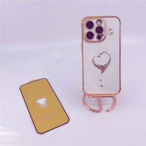 Stylish Bling Glitter Heart iPhone‎ 14 Pro Case with Camera & Screen Protector